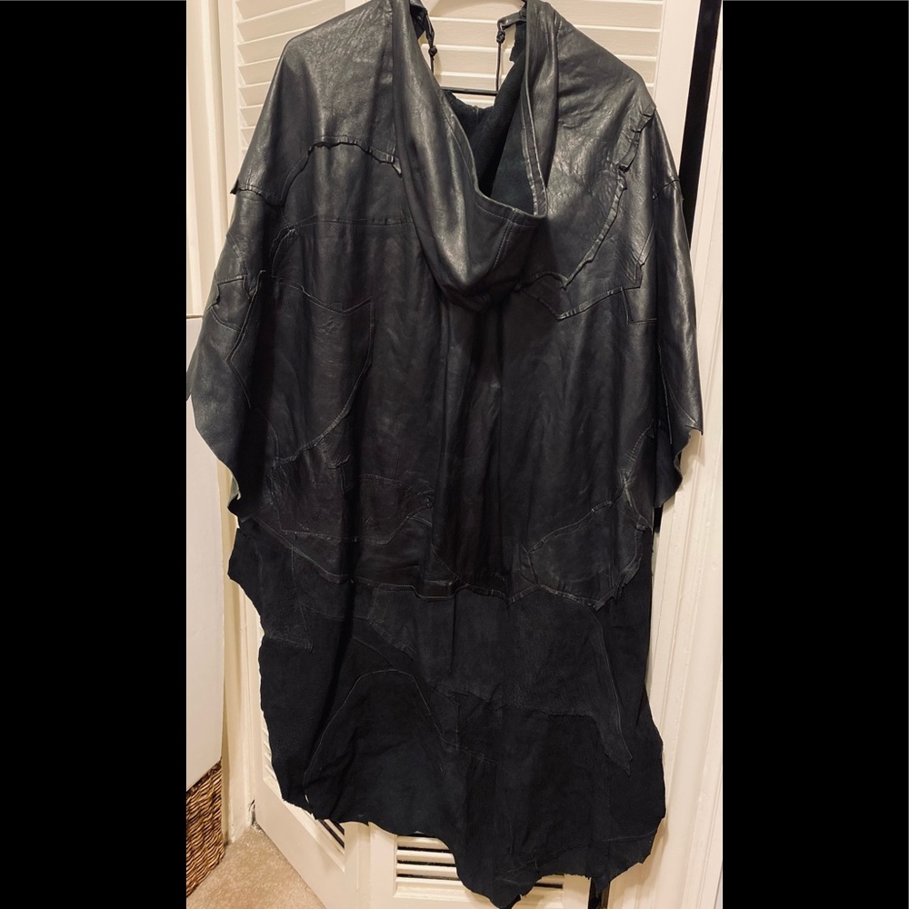 Miles Tonne Black Leather “X” Hooded Cape Cloak
